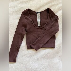 Zara Ribbed Scoop Long Sleeve Crop Top - Chocolate Brown